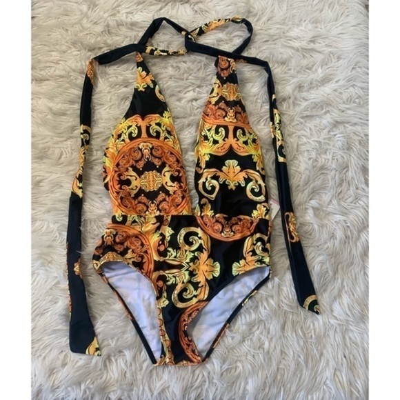 Orange, Yellow and black one piece low V cut Swim suit size Large - Picture 7 of 11